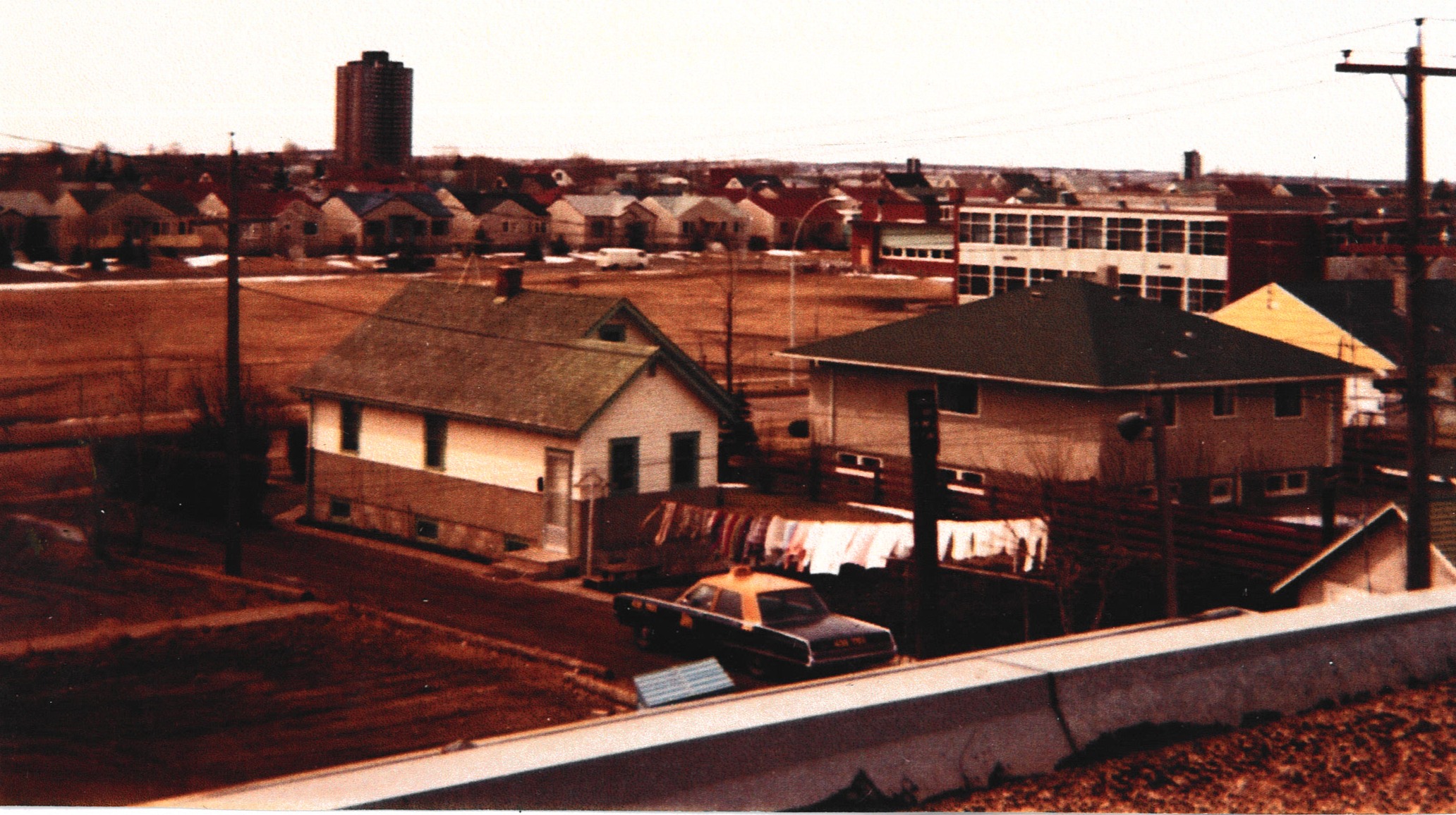 View over Allendale showing a new high-rise tower on the skyline, late 1970s